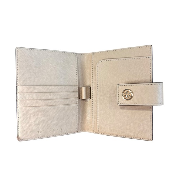 Tory Burch Robinson Multi-Stripe Small Bifold Wallet Beige Leather - Picture 5 of 10